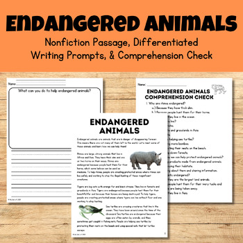 Preview of Endangered Animals (Nonfiction Passage, Writing Prompts, & Comprehension Check)