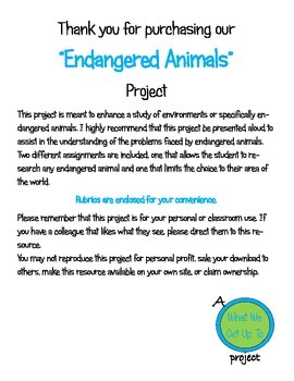 Preview of Endangered Animals Project with Rubric