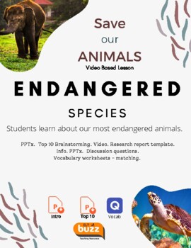 Preview of Endangered Animals.  Reader. PPTx. Online Quiz. Lesson Materials.