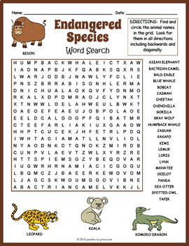 endangered animals word search by puzzles to print tpt