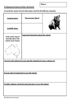 Preview of Endangered Australian Animals Research Activity Sheets - 14 Different Animals