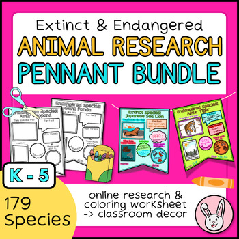 Preview of Endangered & Extinct Species Research Pennants Bundle | 179 Animals | Earth Day
