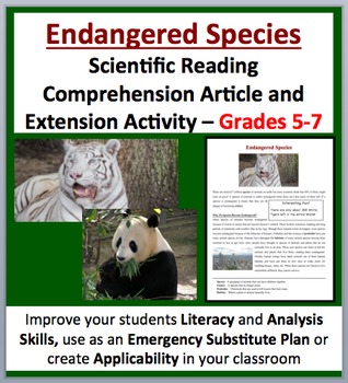 Preview of Endangered Species -  Scientific Reading Comprehension Article – Grades 5-7