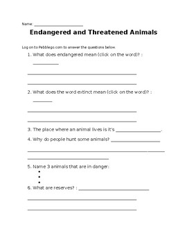 Preview of Endangered and Threatened Animals WebQuest PebbleGo