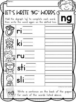NG Digraphs Phonics Literacy Printables for Kindergarten and First Grade