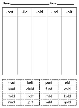 Ending Sounds Word Sort -old, -ost, -ind, -olt, -ild by Miss Jay's Space