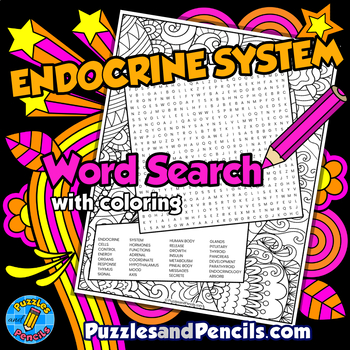 Preview of Endocrine System Word Search Puzzle Activity Page with Coloring | Human Body