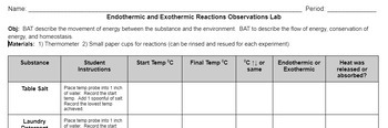 Preview of Endothermic and Exothermic Reactions Observations Lab
