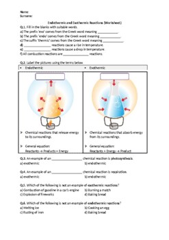 Preview of Endothermic and Exothermic Reactions - Worksheet (Printables)