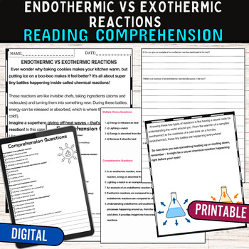 Preview of Endothermic vs Exothermic Reactions Reading Comprehension Passage Digital &Print