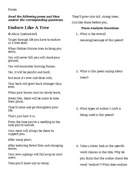 Endure Like a Tree: Poem Analysis Worksheet by MsBDesignFinds | TPT
