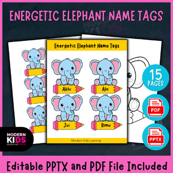 Preview of Energetic Elephant Name Tags - Editable PPTX and PDF