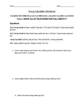 Preview of Energy Calculation Worksheet