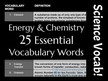 Preview of Energy & Chemistry Unit Science Vocabulary (25 words) (CCSS & NGSS)