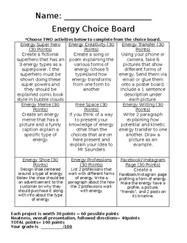Preview of Energy Choice Board
