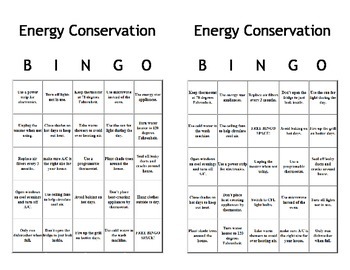 Preview of Energy Conservation Bingo