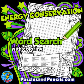 Preview of Energy Conservation Word Search Puzzle Activity & Coloring | Energy Wordsearch