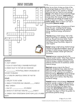 printable energy crossword puzzle and reading science substitute