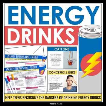 Preview of Energy Drinks Health Teen Lesson - Dangers of Energy Drinks Slides and One Pager