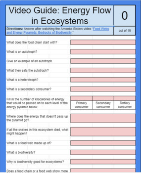 Preview of Energy Flow in Ecosystems (video guide) *SELF GRADING* google sheet