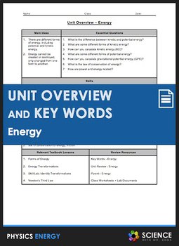 Preview of Energy Kinetic Potential Physics Unit Overview & Vocabulary Key Words