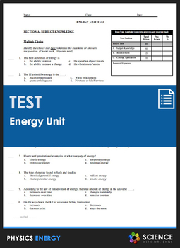Preview of Energy Kinetic Potential Unit Test or Assessment