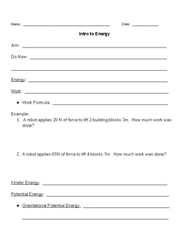 Preview of Energy Note Sheet-Kinetic and Potential Energy