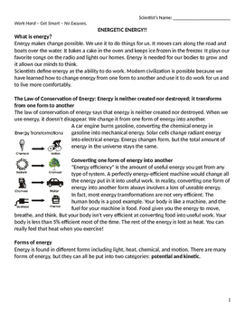 Preview of Energy Reading Comprehension and Activities