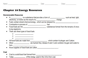 Preview of Energy Resources / Conservation - Cloze / Scaffolded Notes