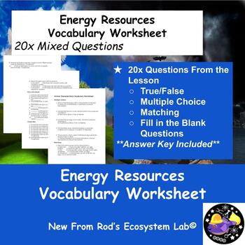 Preview of Energy Resources Vocabulary Worksheet w/Answer Key **Editable**