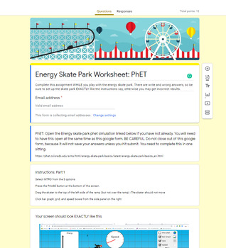 Preview of Energy Skate Park PhET - Google Form Worksheet (distance learning)