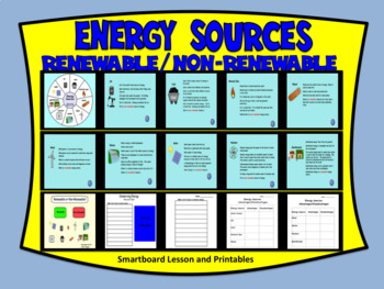 Preview of Energy Sources Renewable/Non-Renewable Smartboard Lesson and Printables