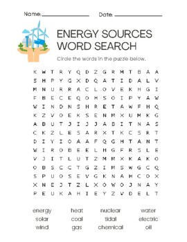 Preview of Energy Sources Word Search with Answer Key