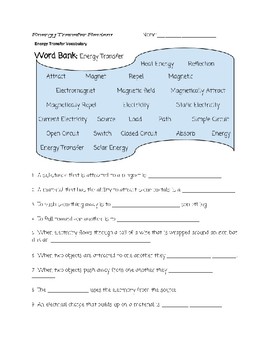 Preview of Energy Transfer Vocabulary Review and Answer Key -3rd to 6th Grade