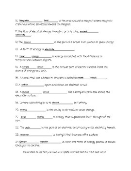 Energy Transfer Vocabulary Review and Answer Key -3rd to 6th Grade
