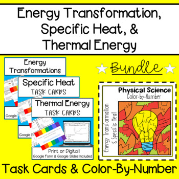 Preview of Energy Transformation, Specific Heat, Thermal Energy Task Cards & Color By Code