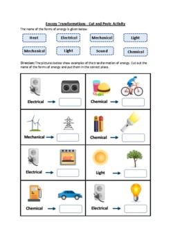 Preview of Energy Transformations - Cut and Paste Worksheet Activity (No Prep Printable)