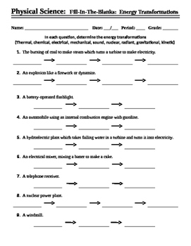 Preview of Energy Transformations - Worksheet - Fill-In-The-Blank