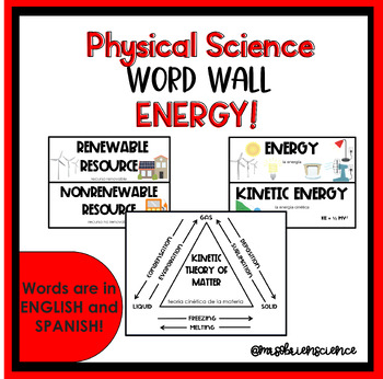 Preview of Types of Energy and Energy Transformations Word Wall - English/Spanish