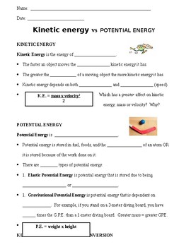 Preview of Energy Unit:  Kinetic Energy vs Potential Energy Notes
