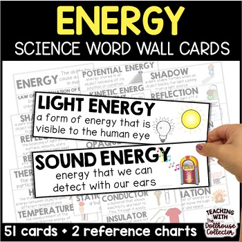 Preview of Energy Vocabulary Word Wall Cards 5th Grade Science Heat, Light, Sound, Electric