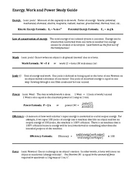 Preview of Energy, Work, Power Study Guide