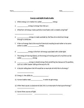 Preview of Energy and Light Study Guide