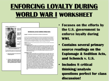 Preview of Enforcing Loyalty During World War I worksheet