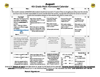 Preview of Eureka Math/Engage NY August Homework Calendar (Grade 4 Review of 3rd and Mod 1)