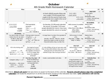Preview of Engage NY October Homework Calendar (Grade 4 Mod 2 and 3)
