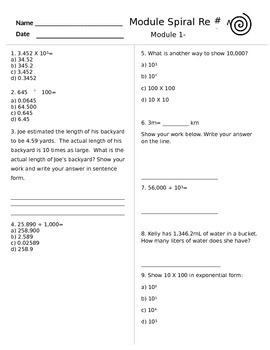 Preview of Engage Ny Grade 5 Math Module 1 Spiral Review Sheets Lessons 1-8