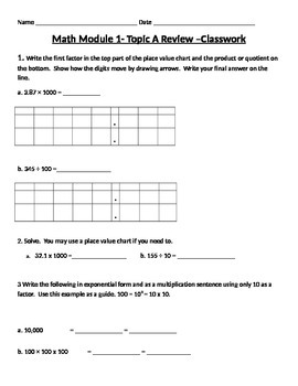 Preview of Engage Ny Grade 5 Math Module 1, Topic A Review & HW Worksheets With Answer Keys