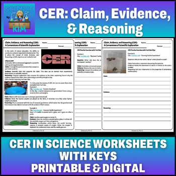 Preview of Engaging CER science worksheets with keys. Ideal for teaching, or EASY Sub Plans