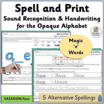 Preview of Engaging Spelling Activities & Printing Practice for CVCe Words - SASSOON Font